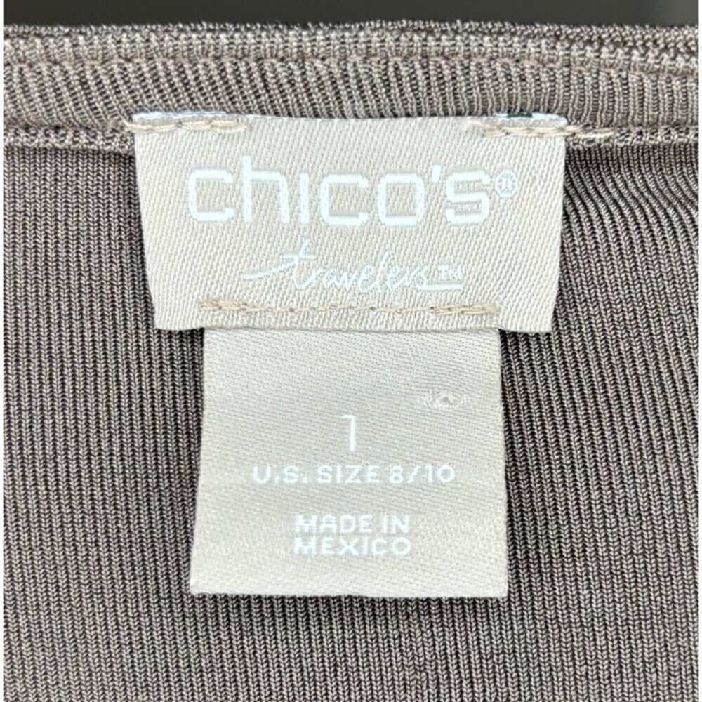 CHICO'S Travelers Classic Side-Buckle Tie Top Womens 8/10 Asymmetric Stretch Tan - Picture 6 of 7